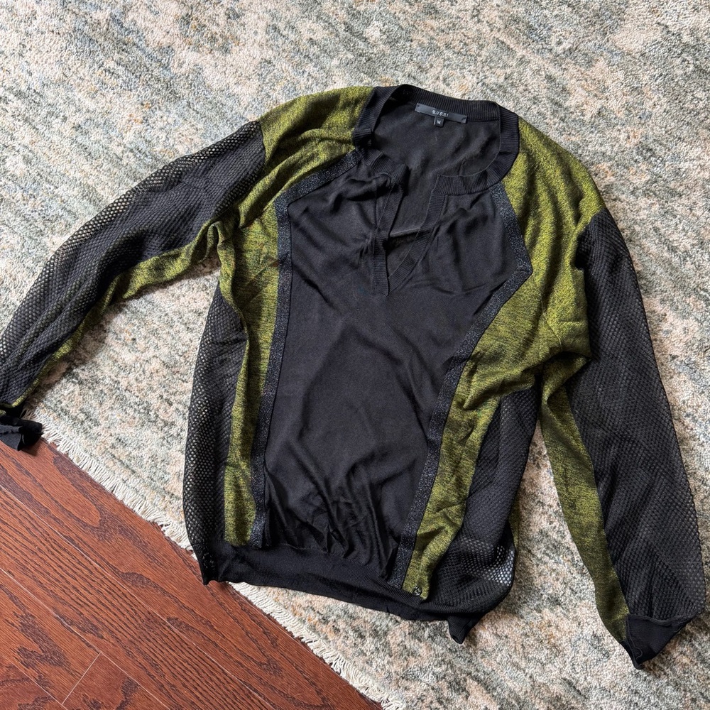 Gucci Black and Olive Mesh Blouse